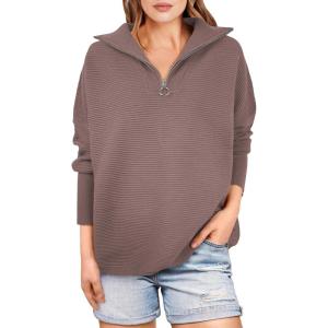 image:imageANRABESS Women Quarter Zip Oversized Casual Loose Rib Knit Cozy Pullover Sweaters Top 2025 Fall Fashion Outfits ClothesNutmeg