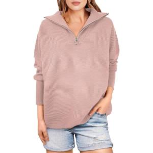 image:imageANRABESS Women Quarter Zip Oversized Casual Loose Rib Knit Cozy Pullover Sweaters Top 2025 Fall Fashion Outfits ClothesPink