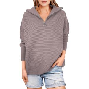 image:imageANRABESS Women Quarter Zip Oversized Casual Loose Rib Knit Cozy Pullover Sweaters Top 2025 Fall Fashion Outfits ClothesRed Apricot