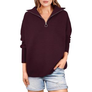 image:imageANRABESS Women Quarter Zip Oversized Casual Loose Rib Knit Cozy Pullover Sweaters Top 2025 Fall Fashion Outfits ClothesWine Red