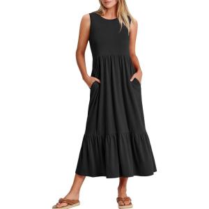 image:imageANRABESS Women Summer Casual Sleeveless Crewneck Sundress Aline Flowy Tiered Maxi Long Beach Dress Vacation OutfitsBlack