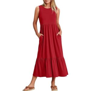 image:imageANRABESS Women Summer Casual Sleeveless Crewneck Sundress Aline Flowy Tiered Maxi Long Beach Dress Vacation OutfitsBright Red