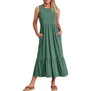 image:imageANRABESS Women Summer Casual Sleeveless Crewneck Sundress Aline Flowy Tiered Maxi Long Beach Dress Vacation OutfitsGrass
