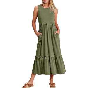 image:imageANRABESS Women Summer Casual Sleeveless Crewneck Sundress Aline Flowy Tiered Maxi Long Beach Dress Vacation OutfitsOlive