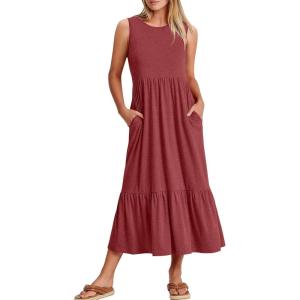 image:imageANRABESS Women Summer Casual Sleeveless Crewneck Sundress Aline Flowy Tiered Maxi Long Beach Dress Vacation OutfitsRed