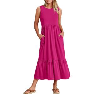 image:imageANRABESS Women Summer Casual Sleeveless Crewneck Sundress Aline Flowy Tiered Maxi Long Beach Dress Vacation OutfitsRose