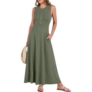 image:imageANRABESS Women Summer Casual Sleeveless Maxi Sundress Button Fit amp Flare ALine Flowy Long Dresses 2026 Beach OutfitsArmy Green