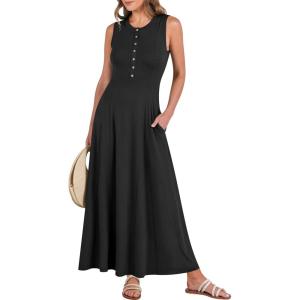 image:imageANRABESS Women Summer Casual Sleeveless Maxi Sundress Button Fit amp Flare ALine Flowy Long Dresses 2026 Beach OutfitsBlack