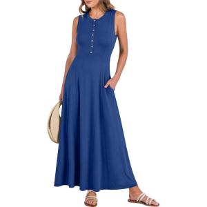 image:imageANRABESS Women Summer Casual Sleeveless Maxi Sundress Button Fit amp Flare ALine Flowy Long Dresses 2026 Beach OutfitsDeep Blue