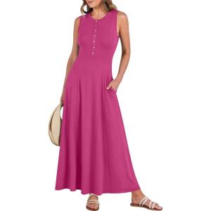 image:imageANRABESS Women Summer Casual Sleeveless Maxi Sundress Button Fit amp Flare ALine Flowy Long Dresses 2026 Beach OutfitsHot Pink
