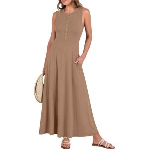 image:imageANRABESS Women Summer Casual Sleeveless Maxi Sundress Button Fit amp Flare ALine Flowy Long Dresses 2026 Beach OutfitsKhaki