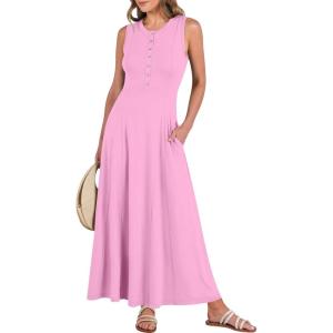 image:imageANRABESS Women Summer Casual Sleeveless Maxi Sundress Button Fit amp Flare ALine Flowy Long Dresses 2026 Beach OutfitsPink
