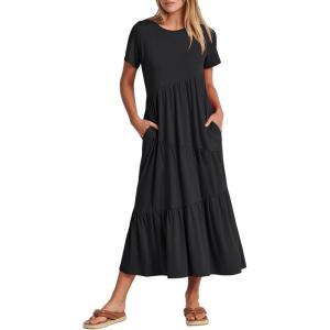 image:imageANRABESS Women Summer Maxi Dress Short Sleeve Swing Casual Asymmetric Tiered Vacation Long Beach Sundress OutfitsBlack