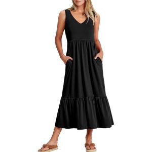 image:imageANRABESS Women Summer Maxi Dresses Aline Tiered Flowy V Neck Sleeveless Swing 2026 Casual Beach Travel Sundress with PocketsBlack