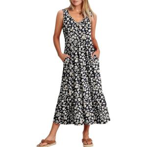 image:imageANRABESS Women Summer Maxi Dresses Aline Tiered Flowy V Neck Sleeveless Swing 2026 Casual Beach Travel Sundress with PocketsBlack With Floral White