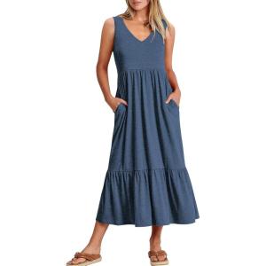 image:imageANRABESS Women Summer Maxi Dresses Aline Tiered Flowy V Neck Sleeveless Swing 2026 Casual Beach Travel Sundress with PocketsBlue