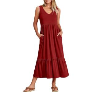 image:imageANRABESS Women Summer Maxi Dresses Aline Tiered Flowy V Neck Sleeveless Swing 2026 Casual Beach Travel Sundress with PocketsBurgundy