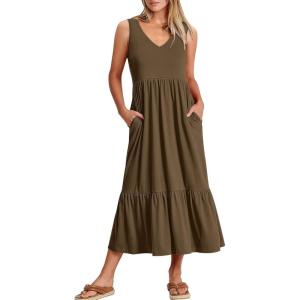 image:imageANRABESS Women Summer Maxi Dresses Aline Tiered Flowy V Neck Sleeveless Swing 2026 Casual Beach Travel Sundress with PocketsCoffee