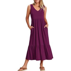 image:imageANRABESS Women Summer Maxi Dresses Aline Tiered Flowy V Neck Sleeveless Swing 2026 Casual Beach Travel Sundress with PocketsDark Purple