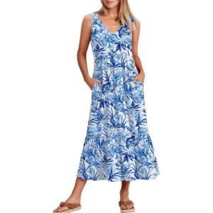 image:imageANRABESS Women Summer Maxi Dresses Aline Tiered Flowy V Neck Sleeveless Swing 2026 Casual Beach Travel Sundress with PocketsFloral Royal Blue