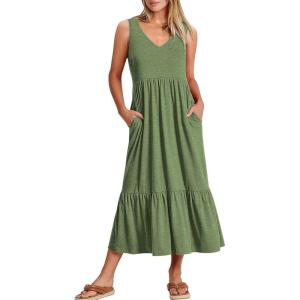 image:imageANRABESS Women Summer Maxi Dresses Aline Tiered Flowy V Neck Sleeveless Swing 2026 Casual Beach Travel Sundress with PocketsGreen