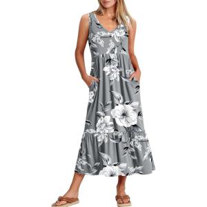 image:imageANRABESS Women Summer Maxi Dresses Aline Tiered Flowy V Neck Sleeveless Swing 2026 Casual Beach Travel Sundress with PocketsGrey With Floral White