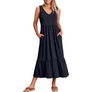 image:imageANRABESS Women Summer Maxi Dresses Aline Tiered Flowy V Neck Sleeveless Swing 2026 Casual Beach Travel Sundress with PocketsNavy Blue