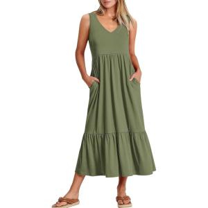 image:imageANRABESS Women Summer Maxi Dresses Aline Tiered Flowy V Neck Sleeveless Swing 2026 Casual Beach Travel Sundress with PocketsOlive