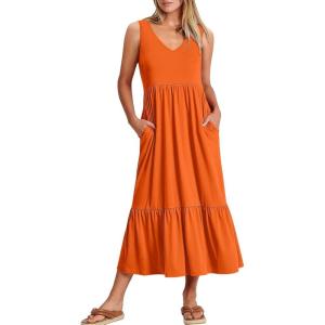 image:imageANRABESS Women Summer Maxi Dresses Aline Tiered Flowy V Neck Sleeveless Swing 2026 Casual Beach Travel Sundress with PocketsOrange