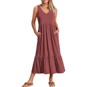 image:imageANRABESS Women Summer Maxi Dresses Aline Tiered Flowy V Neck Sleeveless Swing 2026 Casual Beach Travel Sundress with PocketsRed