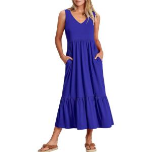image:imageANRABESS Women Summer Maxi Dresses Aline Tiered Flowy V Neck Sleeveless Swing 2026 Casual Beach Travel Sundress with PocketsRoyal Blue