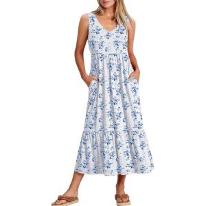 image:imageANRABESS Women Summer Maxi Dresses Aline Tiered Flowy V Neck Sleeveless Swing 2026 Casual Beach Travel Sundress with PocketsWhite With Floral Blue