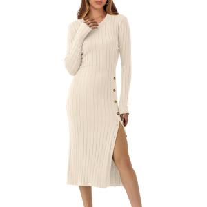 image:imageANRABESS Womens 2026 Fall Long Sleeve Midi Dress Ribbed Knit Bodycon Fitted Button Down Wedding Guest Slit Sweater DressesBeige