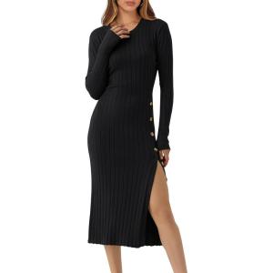 image:imageANRABESS Womens 2026 Fall Long Sleeve Midi Dress Ribbed Knit Bodycon Fitted Button Down Wedding Guest Slit Sweater DressesBlack