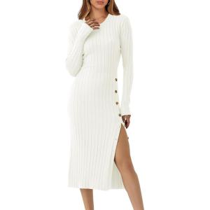image:imageANRABESS Womens 2026 Fall Long Sleeve Midi Dress Ribbed Knit Bodycon Fitted Button Down Wedding Guest Slit Sweater DressesWhite