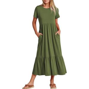 image:imageANRABESS Womens 2026 Summer Casual Maxi Dress A line Tiered Flowy Short Sleeve Crewneck T Shirt Beach Travel Long DressesArmy Green