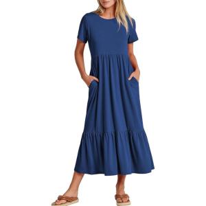 image:imageANRABESS Womens 2026 Summer Casual Maxi Dress A line Tiered Flowy Short Sleeve Crewneck T Shirt Beach Travel Long DressesBlue