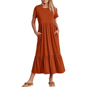 image:imageANRABESS Womens 2026 Summer Casual Maxi Dress A line Tiered Flowy Short Sleeve Crewneck T Shirt Beach Travel Long DressesBrick Red