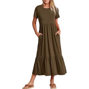 image:imageANRABESS Womens 2026 Summer Casual Maxi Dress A line Tiered Flowy Short Sleeve Crewneck T Shirt Beach Travel Long DressesCoffee