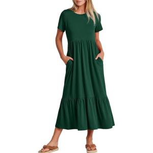 image:imageANRABESS Womens 2026 Summer Casual Maxi Dress A line Tiered Flowy Short Sleeve Crewneck T Shirt Beach Travel Long DressesDeep Green