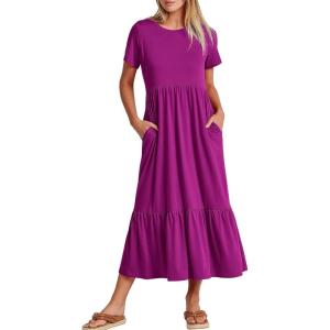 image:imageANRABESS Womens 2026 Summer Casual Maxi Dress A line Tiered Flowy Short Sleeve Crewneck T Shirt Beach Travel Long DressesFuchsia
