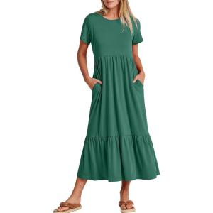 image:imageANRABESS Womens 2026 Summer Casual Maxi Dress A line Tiered Flowy Short Sleeve Crewneck T Shirt Beach Travel Long DressesGreen