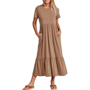 image:imageANRABESS Womens 2026 Summer Casual Maxi Dress A line Tiered Flowy Short Sleeve Crewneck T Shirt Beach Travel Long DressesKhaki