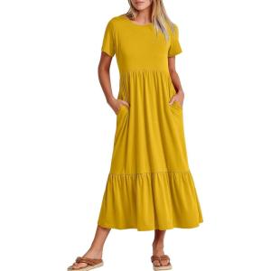 image:imageANRABESS Womens 2026 Summer Casual Maxi Dress A line Tiered Flowy Short Sleeve Crewneck T Shirt Beach Travel Long DressesMustrad Yellow