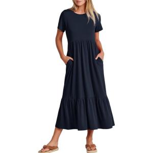 image:imageANRABESS Womens 2026 Summer Casual Maxi Dress A line Tiered Flowy Short Sleeve Crewneck T Shirt Beach Travel Long DressesNavy Blue