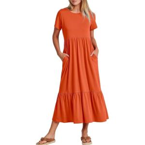 image:imageANRABESS Womens 2026 Summer Casual Maxi Dress A line Tiered Flowy Short Sleeve Crewneck T Shirt Beach Travel Long DressesOrange