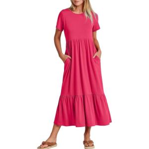 image:imageANRABESS Womens 2026 Summer Casual Maxi Dress A line Tiered Flowy Short Sleeve Crewneck T Shirt Beach Travel Long DressesPeach