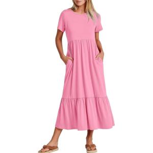 image:imageANRABESS Womens 2026 Summer Casual Maxi Dress A line Tiered Flowy Short Sleeve Crewneck T Shirt Beach Travel Long DressesPink