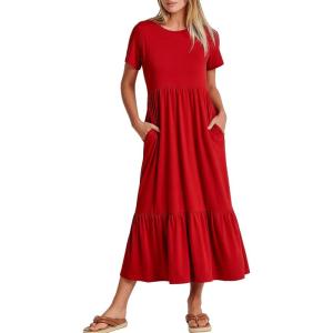 image:imageANRABESS Womens 2026 Summer Casual Maxi Dress A line Tiered Flowy Short Sleeve Crewneck T Shirt Beach Travel Long DressesRed