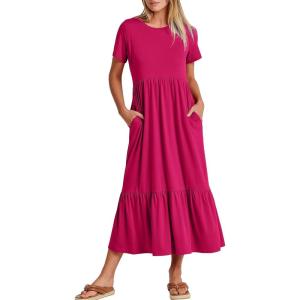 image:imageANRABESS Womens 2026 Summer Casual Maxi Dress A line Tiered Flowy Short Sleeve Crewneck T Shirt Beach Travel Long DressesRose